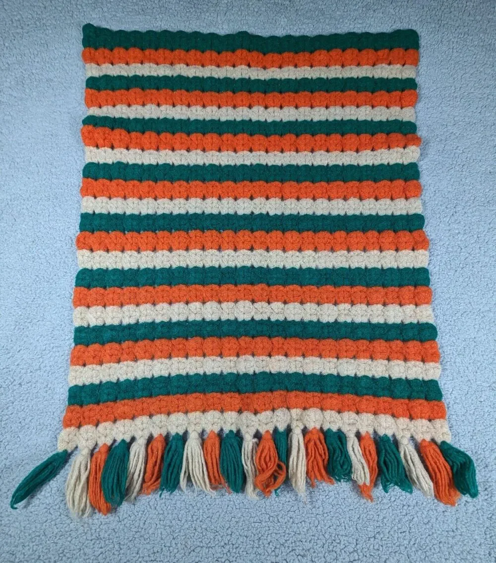 Handmade Crochet Afghan Throw Blanket Orange Tan Green Striped 24x32 Inch